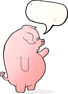 Bir insan tarafından çizilmiş konuşma balonlu şişman domuz.