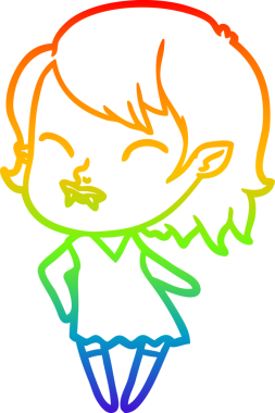 Gökkuşağı gradyan çizgisi. Bir insan tarafından çizilmiş yanağında kan olan vampir bir kız çizgi filmi.