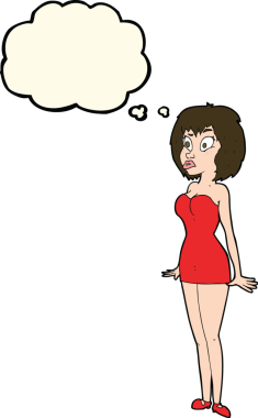 Bir insan tarafından çizilmiş düşünce balonlu kısa elbiseli bir karikatür.