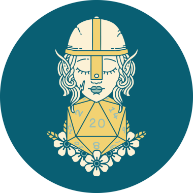 Retro Tattoo stili elf dövüşçüsü. Bir insan tarafından çizilmiş 20 zar ile.