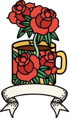 Geleneksel dövmeli bir kupa ve bir insan tarafından çizilmiş çiçekler.