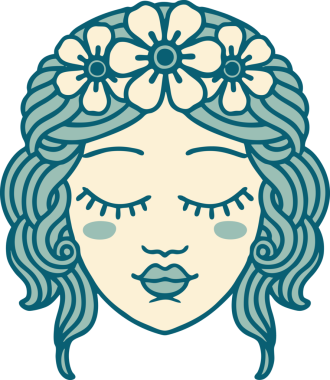 İkonik dövme stili. Bir insan tarafından çizilmiş gözleri olan kadın yüzü.