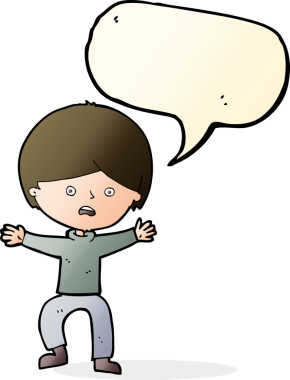 Bir insan tarafından çizilen konuşma baloncuğuyla panikleyen çizgi film çocuğu.