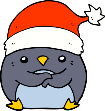 Bir insan tarafından çizilmiş Noel şapkası takan sevimli penguen çizgi filmi.