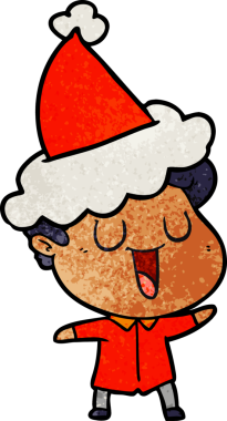 Gülen el çizimi bir insan tarafından çizilmiş Noel Baba şapkası giyen bir adamın karikatürü.