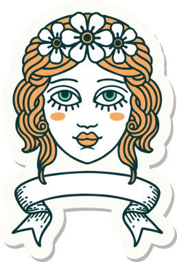 Bir insan tarafından çizilmiş çiçek taçlı kadın yüzü pankartlı dövme stili.