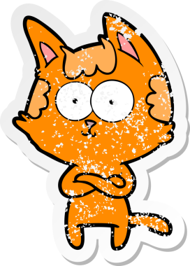 Mutlu çizgi film kedisinin sıkıntılı çıkartması Bir insan tarafından çapraz kollarla çizilmiş