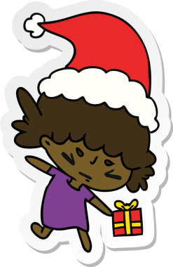 Bir insan tarafından çizilmiş Kawai kızının el çizimi Noel çıkartması.