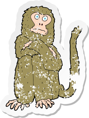 Bir insan tarafından çizilmiş karikatür maymununun gerilmiş çıkartması.