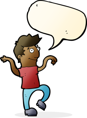 Çizgi filmdeki mutlu adam, bir insan tarafından çizilmiş konuşma balonuyla komik dans ediyor.