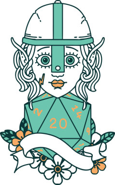 Retro Tattoo stili elf dövüşçüsü. Bir insan tarafından çizilmiş 20 zar ile.