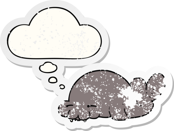 Düşünce baloncuklu karikatür mührü bir insan tarafından çizilmiş yıpranmış bir çıkartma gibi.