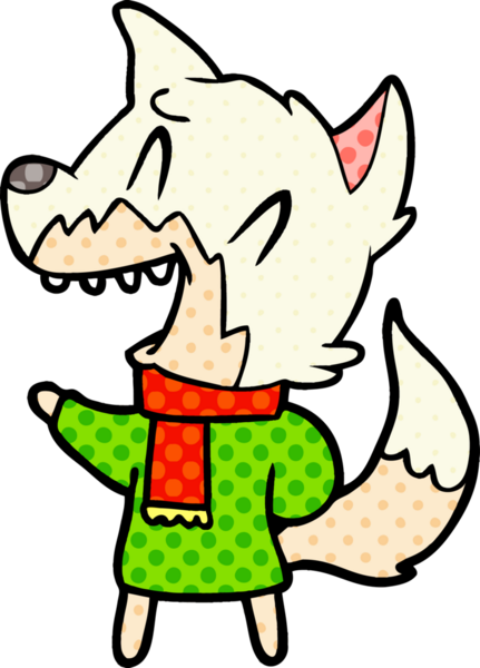 Bir insan tarafından çizilmiş kışın giyilen gülen tilki.