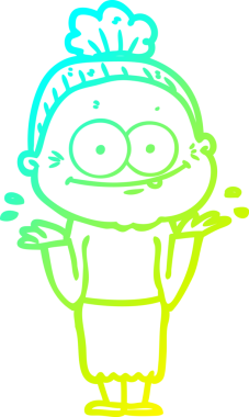 Bir insan tarafından çizilmiş, mutlu, yaşlı bir kadının çizimi.