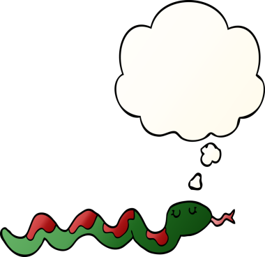 Bir insan tarafından çizilmiş yumuşak eğimli düşünce baloncuklu çizgi film yılanı.