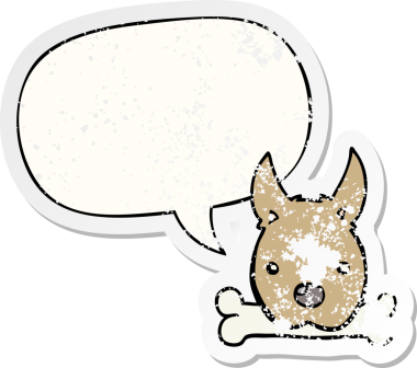 Bir insan tarafından çizilmiş, kederli, eski bir çıkartma, konuşma balonlu bir kemiğe sahip çizgi film köpeği.