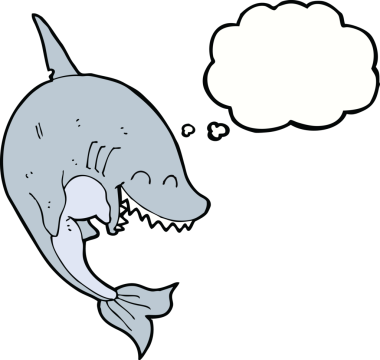 Bir insan tarafından çizilmiş düşünce baloncuklu çizgi film köpekbalığı.