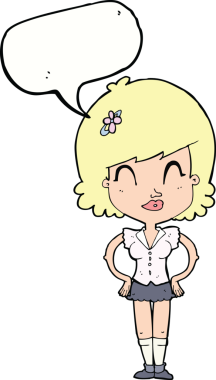 Bir insan tarafından çizilmiş konuşma balonlu mutlu kadın çizgi filmi.