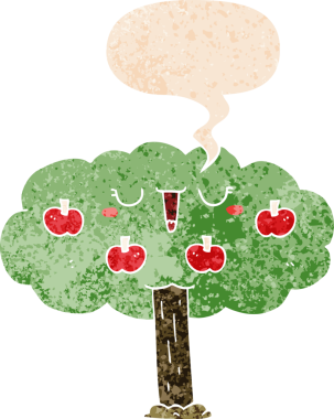 bir insan tarafından çizilmiş grunge dertli retro biçimli konuşma baloncuğu ile çizgi film elma ağacı