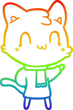 Bir insan tarafından çizilmiş eşarp giyen mutlu bir kedinin çizgi çizimi.