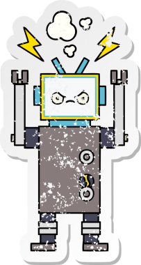 Bir insan tarafından çizilmiş sevimli bir robot çizgi film çıkartması.