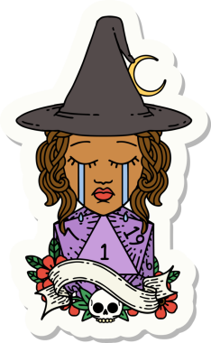 Bir insan tarafından çizilmiş doğal D20 rulo ile ağlayan bir insan cadının çıkartması.