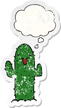 Düşünce baloncuğu olan çizgi film kaktüsü insan tarafından çizilmiş yıpranmış bir çıkartma.