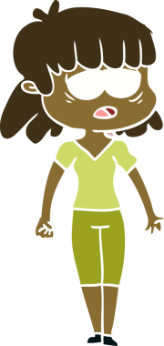 Düz renkli çizgi film. Bir insan tarafından çizilmiş yorgun kadın.