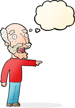 Bir insan tarafından çizilmiş düşünce baloncuğuyla işaret eden korkmuş yaşlı bir adam.