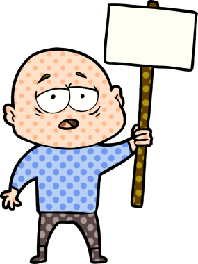 Bir insan tarafından çizilmiş yorgun, kel bir adam.