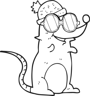 Bir insan tarafından çizilmiş gözlük ve şapka takan siyah beyaz çizgi film faresi.