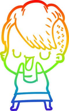 Gökkuşağı gradyan çizimi. Hipster saç kesimi bir insan tarafından çizilmiş şirin bir çizgi film kızı.