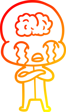 Bir çizgi filmin sıcak çizgi çizimi. Bir insan tarafından çizilmiş ağlayan büyük beyin uzaylısı.