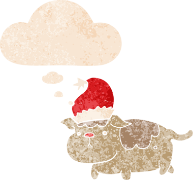 Düşünce baloncuğu olan sevimli bir noel köpeği. Bir insan tarafından çizilmiş dertli eski moda bir resim.