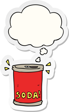 İnsan tarafından çizilmiş bir çıkartma olarak düşünce baloncuğu olan karikatür soda kutusu.