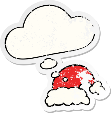 Düşünce baloncuklu bir çizgi film şapkası, bir insan tarafından çizilmiş yıpranmış bir çıkartma.