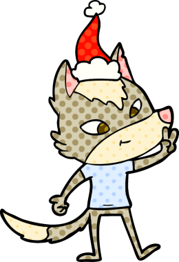 Bir insan tarafından çizilmiş Noel Baba şapkasıyla barış işareti yapan bir kurdun çizgi roman çizimi.