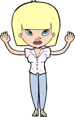 Bir insan tarafından çizilmiş kaldırılmış elleri olan çizgi film kadını.