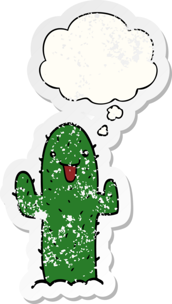 Düşünce baloncuğu olan çizgi film kaktüsü insan tarafından çizilmiş yıpranmış bir çıkartma.