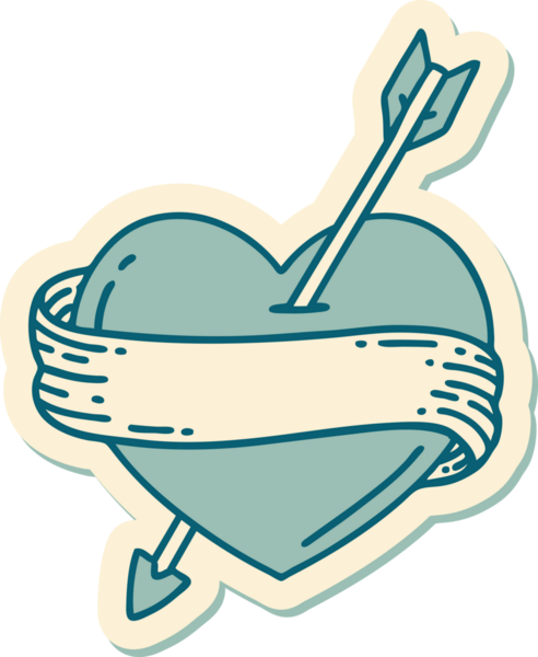 Bir insan tarafından çizilmiş ok kalp ve pankartın geleneksel stiliyle dövme çıkartması.