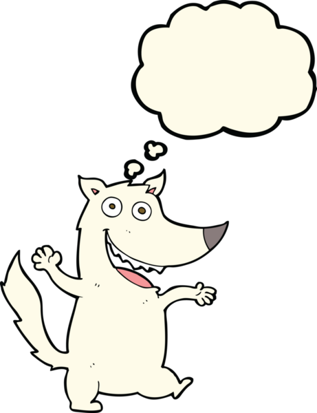 Bir insan tarafından çizilmiş düşünce balonlu mutlu kurt çizgi filmi.