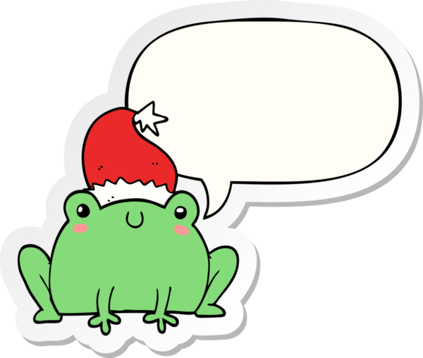 Bir insan tarafından çizilmiş konuşma kabarcığı çıkartmalı şirin bir noel kurbağası.