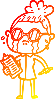 Bir insan tarafından çizilmiş gözlüklü, ağlayan bir kadının çizgi film çizimi.