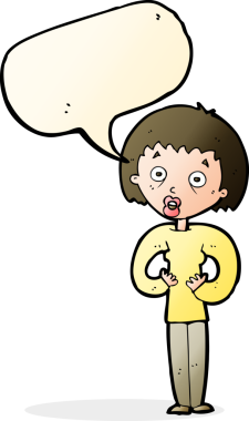 Bir insan tarafından çizilmiş bir konuşma balonuyla kendine el kol hareketi yapan bir karikatür kadını.