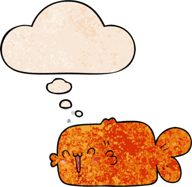 Bir insan tarafından çizilmiş grunge desenli düşünce baloncuklu çizgi film balığı.