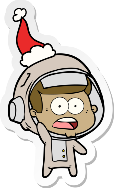 Bir insan tarafından çizilmiş Noel Baba şapkası giymiş şaşırmış bir astronotun el yazısı.