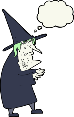 Bir insan tarafından çizilmiş düşünce baloncuğu olan çirkin yaşlı cadı çizgi filmi.