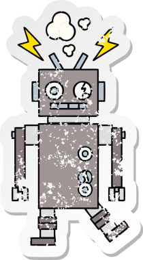 Bir insan tarafından çizilmiş arızalı bir robot çizgi film çıkartması.