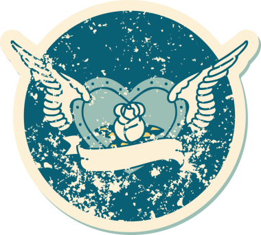 Bir insan tarafından çizilmiş çiçek ve pankartıyla uçan bir kalbin sembolik dövmeli resmi.