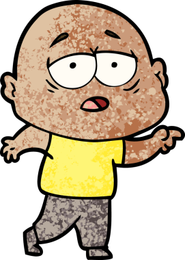 Bir insan tarafından çizilmiş yorgun, kel bir adam.